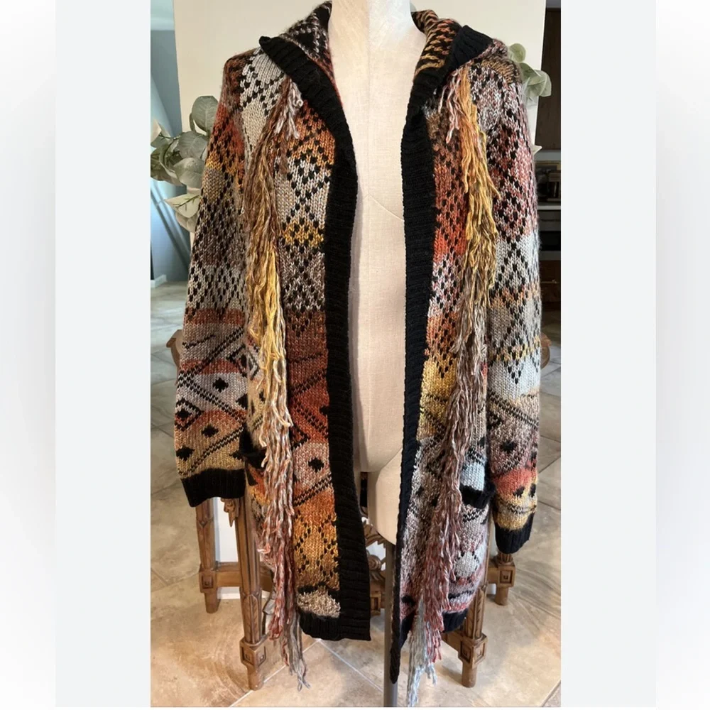Idyllwind Multicolor Fringe Knit Cardigan - Black Trim